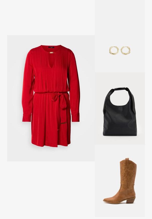 Robe rouge avec un décolleté en trou de serrure, manches longues, design plissé et une ceinture assortie à la taille. Fabriquée dans un tissu lisse.; Bottes de cow-boy en cuir tan avec un bout pointu, des motifs en spirale brodés sur la tige, et un talon bloc empilé. Équipées d'une languette pour un enfilage facile.; Sac hobo en cuir noir avec une seule poignée ronde et douce ; présente une texture lisse et un design minimaliste. Pas de matériel ou d'accents visibles.; Boucles d'oreilles en or en forme de cerceau avec une texture et une forme irrégulière. Présentent une fermeture sans couture et une finition polie, soulignant un design moderne.