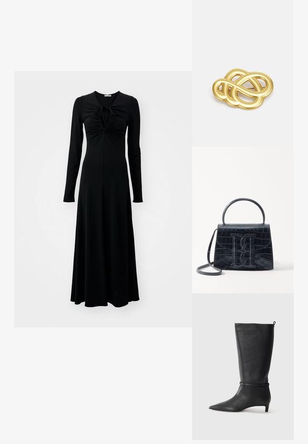Crna haljina dugih rukava od glatkog materijala, s nagomilanim dijelom sprijeda i mašnom na izrezu vrata, te lepršavim A-krojem.; Crne kožne čizme visine do koljena s izduženim prstima, ukrašene okruglom trakom oko gležnja i niskom, suženom petom. Glatka tekstura.; Crna torba od krokodilne kože s uzorkom, strukturiranog dizajna, gornjom ručkom, podesivom trakom i istaknutim logotipom sprijeda.; Broš u zlatnoj boji s čvorastim dizajnom, glatkim, zaobljenim linijama i složenim oblikom, koji odražava sjajnu površinu.