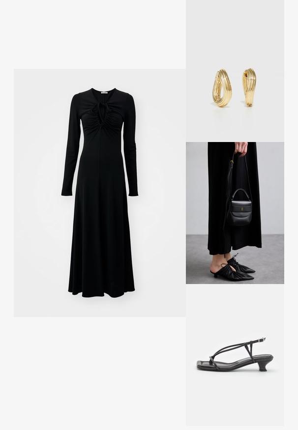 Czarna sukienka z długim rękawem, uszyta z gładkiego materiału, z marszczonym przodem i wiązaniem przy dekolcie oraz zwiewną sylwetką w kształcie litery A.; Czarne skórzane sandały z cienkimi paskami, niskim blokowym obcasem i kwadratowym noskiem. Posiadają zapięcie na klamrę i gładką teksturę.; Mała czarna skórzana torebka o zaokrąglonym kształcie, z uchwytem na górze i odpinanym paskiem. Noszona z czarną sukienką materiałową i czarnymi plisowanymi butami.; Kolczyki w kształcie kół w kolorze złotym z kręconym wzorem, posiadające żebrowaną fakturę i gładkie wykończenie. Lekkie i puste w środku.