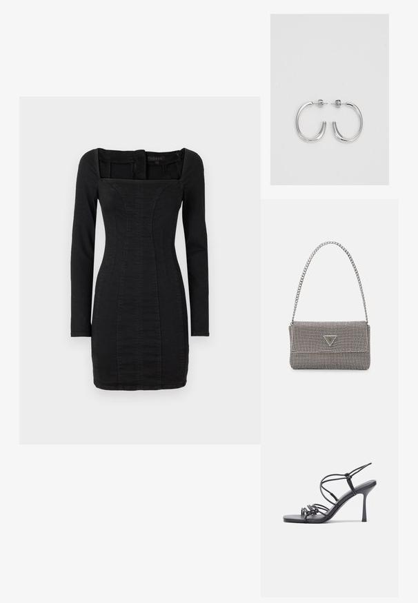 Melnā garā piedurkņu kleita ar kvadrātveida dekoltē, pieguļošu piegriezumu un džinsu līdzīgu tekstūru, ar vertikālām šuvēm gar priekšpusi.; Melnas augstpapēžu sandales ar plāniem siksniņām un mezgla dizainu, gluda kvadrātveida purngalu un elegantu stiletto papēdi.; Gaiši pelēka metāla rokassoma ar ķēdes siksnu, rotāta ar mazām apaļām metāla kniedēm un trīsstūra zīmola logo.; Sudraba stīpas auskari ar gludu, spīdīgu virsmu, izceļas ar izliektaveida formu un aizdari ar tapu. Minimālistisks dizains ar mūsdienīgu apdari.