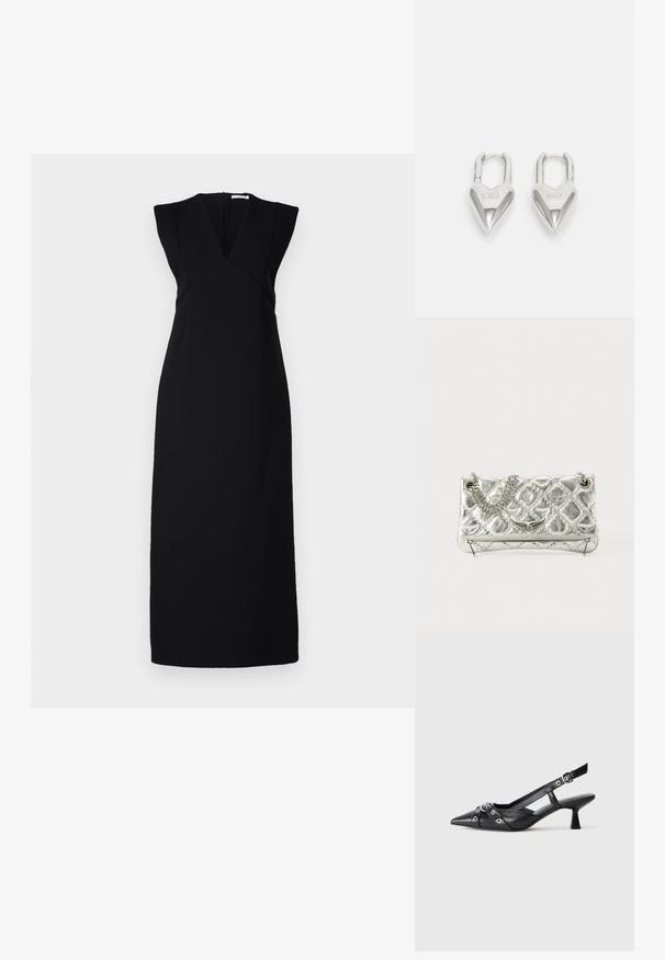 Crna haljina bez rukava s dubokim V izrezom, strukturiranim ramenima i prilagođenim oblikom. Glatka tekstura, s dugim, ravnim krojem i skrivenim patent-zatvaračem.; Crne kožne cipele s remenom oko pete, s izduženim vrhom, dekorativnim trakama s metalnim rupama i niskom blok petom. Teksturirana površina.; Srebrna metalik torba s lancem za nošenje, kviltana tekstura, dekorativni šavovi i zatvaranje na patentni zatvarač. Sadrži reljefne naglaske na prednjoj strani.; Srebrni padlockovi u obliku srca s ugraviranim tekstovima "DA" i "NE", s poliranim završnim obradama, simetričnim dizajnom i robusnim metalnim kopčanjem.