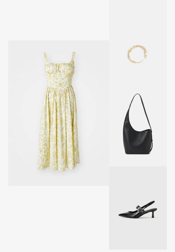 Dzeltena ziedu kleita ar viļņainām plecu siksnām, pieguļošu augšu un izplestu svārku. Audumam ir mazi ziedi un zaļi akcenti.; Melnas lakotas ādas sūkņa kurpes ar norādītu purngali un mazu bloku papēdi, ar sudraba sprādzi akcentā uz jostas.; Melnas ādas hobo soma ar gludu tekstūru, izliekta forma un vienu regulējamu jostu; augšā ir plaša atvere.; Zelta toņa gredzens ar organisku, vērptu dizainu, gludu virsmu un sašaurinātiem galiem, radot mūsdienīgu, skulpturālu izskatu.