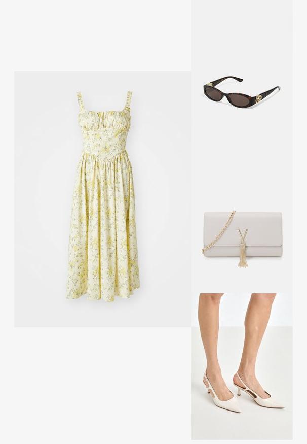 Gul blomstret kjole med volanger på skuldrene, tettsittende liv og utsvingt skjørt. Stoffet har små blomster og grønne detaljer.; Beige patent lærstøvletter med spidse tå og 5 cm hæl, med udskårne sider og en tynd ankelrem.; Skilpadde-solbriller med avlange ovale linser, brun tint, gull-logo aksenter på stengene og elegante svarte armer.; Lys grå imitert lær veske med gullkjedehank, med en V-formet lås og frynse detalj. Jevn tekstur, rektangulær form.