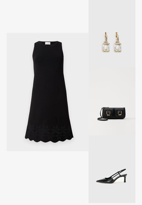 Črna brezrokavnica s krožnim izrezom, ki ima teksturiran cvetlični vzorec ob robu in razširjeno A-linijo.; Črne lakaste slingback pete s koničastim nosom, ki imajo teksturiran vzorec kačje kože, nastavljiv trak in kratek teksturiran blok peto.; Črna usnjena torbica čez ramo z dvema sprednjima žepoma, zlatimi zaponkami, zadrgo in ozkim pasom. Tekstura površine je strukturirana, obliko pa ima kompaktno pravokotno.; Zlato obarvani uhani, ki vsebujejo pravokoten, prozoren kristal, obešen pod vrsto majhnih, okroglih prozornih dodatkov. Elegantna, moderna zasnova.
