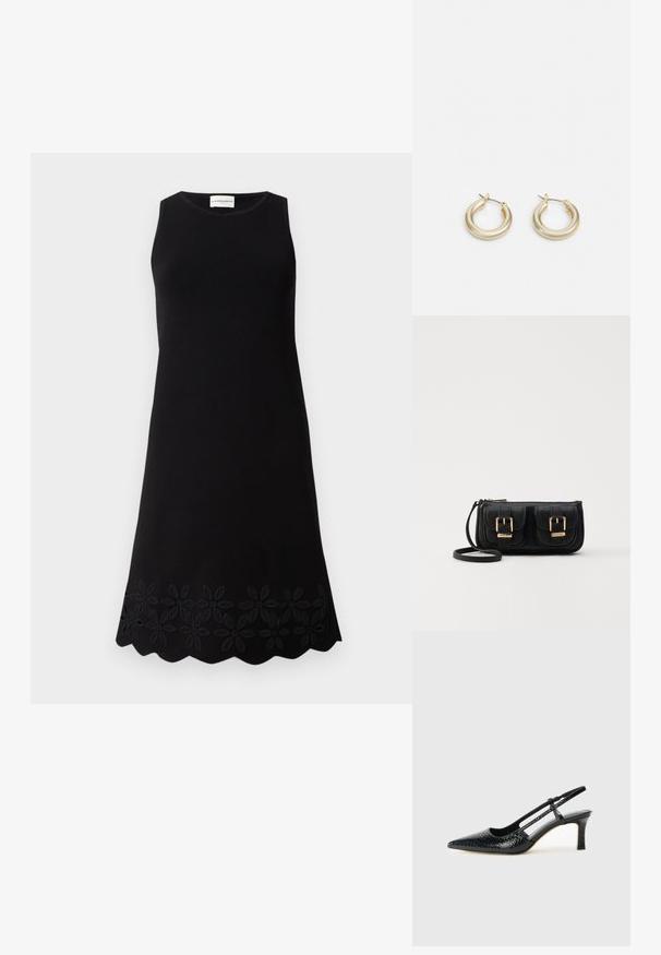 Crna haljina bez rukava s okruglim izrezom, s teksturiranim cvjetnim uzorkom duž rubova i lepršavim A-siluetom.; Crne lakirane slingback pete s oštrim vrhom, s teksturiranim uzorkom zmijske kože, podesivom remenom i kratkom, teksturiranom blok-petom.; Crna kožna torba preko ramena s dva prednja džepa, zlatnim kopčama, zatvaranjem na zip i uskim remenom. Teksturirana površina i kompaktan pravokutan oblik.; Lauren Ralph Lauren BASIC SMALL HOOP - Naušnice - gold-coloured