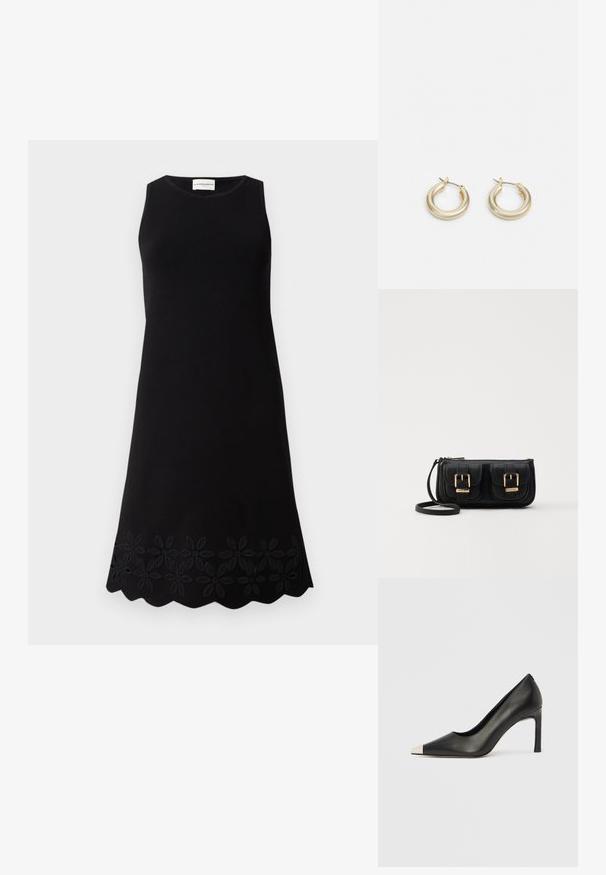 Čierne bezrukávové šaty s okrúhlym dekoltom, ktoré majú textúrovaný kvetinový vzor pozdĺž spodného okraja a rozšírený A-strih.; Čierna kožená lodička s vysokým opätkom, špičkou a kovovou striebornou špičkou. Má hladký povrch a štíhly 10 cm opätok.; Čierna kožená crossbody taška s dvoma prednými vreckami, zlatými sponami, zipsovým uzatváraním a úzkym popruhom. Štruktúrovaný povrch a kompaktný obdĺžnikový tvar.; Lauren Ralph Lauren BASIC SMALL HOOP - Náušnice - gold-coloured