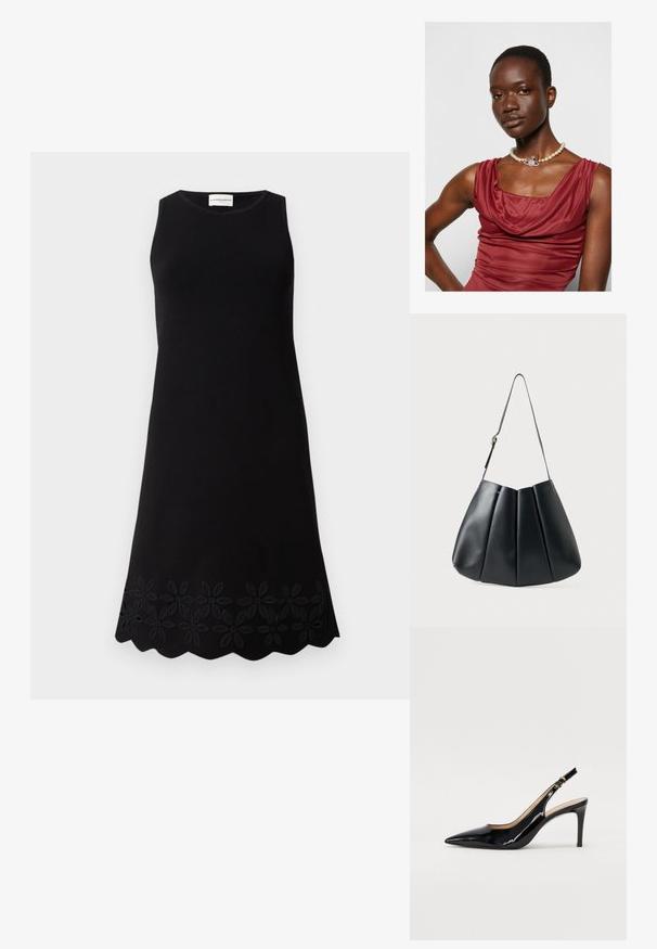 Rochie neagră fără mâneci, cu decolteu rotund, având un model floral texturat pe margine și o siluetă A-line evazată.; Pantofi slingback din piele patent neagră, cu vârful ascuțit, tocul subțire și un design discret cu decupaj. Se evidențiază printr-un cataramă aurie pe curea.; Geantă de umăr din piele neagră cu un design pliat, textură netedă, curea unică și un accent subtil din metal auriu.; Rochie adâncă, de culoare roșu închis, cu un guler tip cowl și o textură netedă. Dispune de o brățară cu perle, cu un accent decorativ din argint în centru.