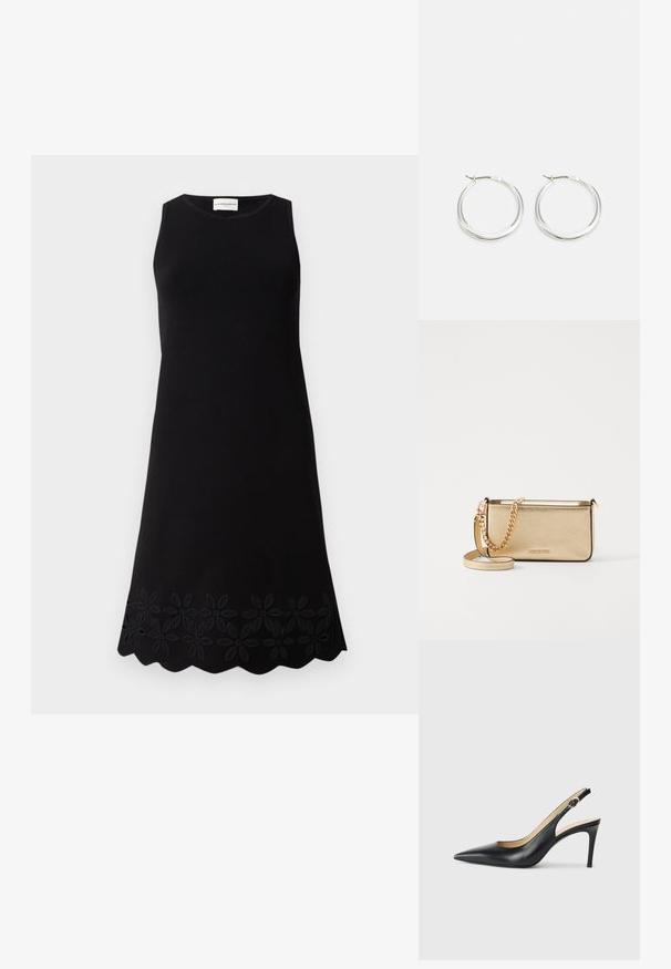 Svart ärmlös klänning med rund halsringning, prydd med ett texturerat blommönster längs fållen och en utsvängd A-linjeform.; Svarta läder slingback-högklackade skor med spetsig tå, justerbar rem och en smal stilettklack, med en slät finish.; Metallich guld läderklutch med en texturerad yta, utrustad med en guld kedjestropp och en avtagbar axelrem. Varumärkeslogotyp präglad.; Silver hoopörhängen har en slät, rund design med en tunn profil och säker låsning. Minimalistisk stil med en polerad yta.