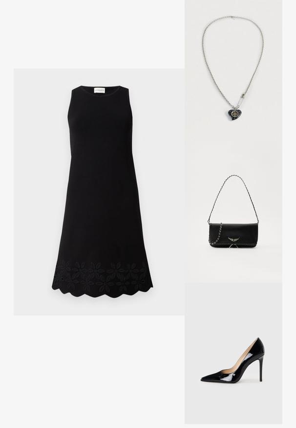 Robe noire sans manches avec un col rond, présentant un motif floral texturé le long de l'ourlet et une silhouette évasée en A.; Escarpin noir en cuir verni avec un design à bout pointu et une silhouette élégante. Présente une finition lisse et brillante ainsi qu'un talon aiguille fin.; Sac à main en cuir noir avec une bandoulière en chaîne argentée, présentant des accents décoratifs en forme d'ailes et des coutures blanches le long de la couture inférieure.; Collier en chaîne argentée avec un pendentif noir en forme de cœur orné de détails dorés et une épingle de sûreté brillante attachée près du pendentif.