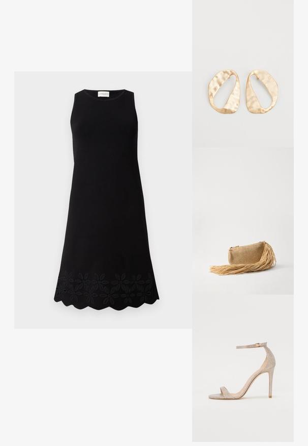 Robe noire sans manches avec un col rond, présentant un motif floral texturé le long de l'ourlet et une silhouette évasée en A.; Sandale à talons hauts avec lanières en rose doré métallisé, présentant un dessus texturé, un bout ouvert et une sangle de cheville avec une boucle dorée.; Cult Gaia VIERA - Pochette - natural; Une paire de boucles d'oreilles en métal doré, de forme ovales irrégulières, avec une surface texturée et légèrement martelée sur fond blanc.