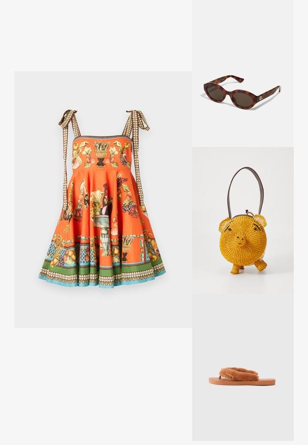 Bez piedurknēm oranža kleita ar ziedu un augļu rakstiem, regulējamām brūnām un baltām rakstainām saitēm, un izplešamais svārku gals ar zaļu un zilu maliņu.; Brūni pūkaini čības ar platām siksnām un teksturētu zoli. Iezīmē zelta logotipa akcentu. Zole ir plakana un izgatavota no gumijas.; Tortoise krāsas saulesbrilles ar noapaļotiem ietvariem, tumšiem stikliem un zelta logotipa detaļām uz tempļiem. Gluda plastmasas materiāls, bez redzamām rakstu formām.; Apaļa, dzeltena austā salmu soma, kas veidota kā cūka ar melnām pērlītēm acīm un brūnu siksnu. Tai ir četri īsi kājiņas un izliekts snouts.