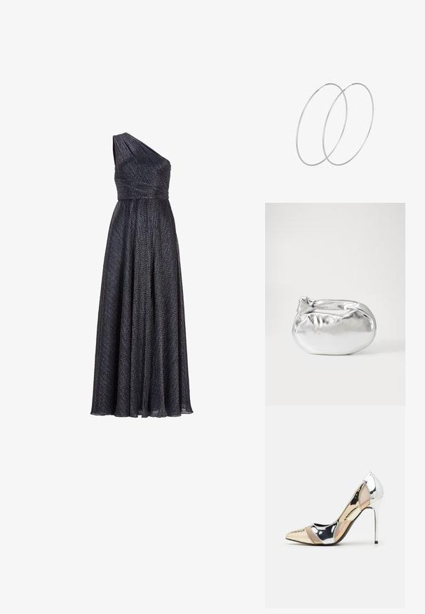 Enosna dolga obleka z ene rame, izdelana iz teksturirane temne tkanine z rahlim leskom. Oprijet pas se spušča v tekočo, naborkano krilo.; Čevlji z visoko peto in konico, v barvni kombinaciji srebrne, zlate in nude. Sijajna obdelava z izrezljanim dizajnom, z igličasto peto.; Srebrna kovinska torbica z mehko, zaobljeno obliko in zavezano zgornjo zaporo. Narejena iz gladkega umetnega usnja.; Srebrne uhane v obliki obroča z minimalističnim dizajnom. Krožna oblika, gladka tekstura in tanek profil. Lahki s poliranim zaključkom.