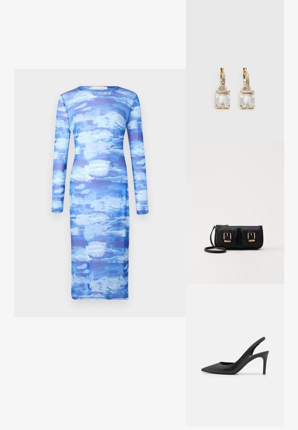 Vestido longo de mangas compridas azul com um padrão de nuvem em aquarela em diferentes tons de azul. Corte justo, tecido suave, silhueta de comprimento médio.; Sandalias de salto alto em couro preto com design de bico fino, apresentando um recorte na parte da frente e um salto stiletto fino.; Bolsa de ombro em couro preto com dois bolsos frontais, fivelas douradas, fecho de zíper e uma alça fina. Superfície texturizada e forma retangular compacta.; Brincos em tom de ouro com um cristal retangular claro pendurado abaixo de uma linha de pequenos acentos redondos claros. Design elegante e moderno.