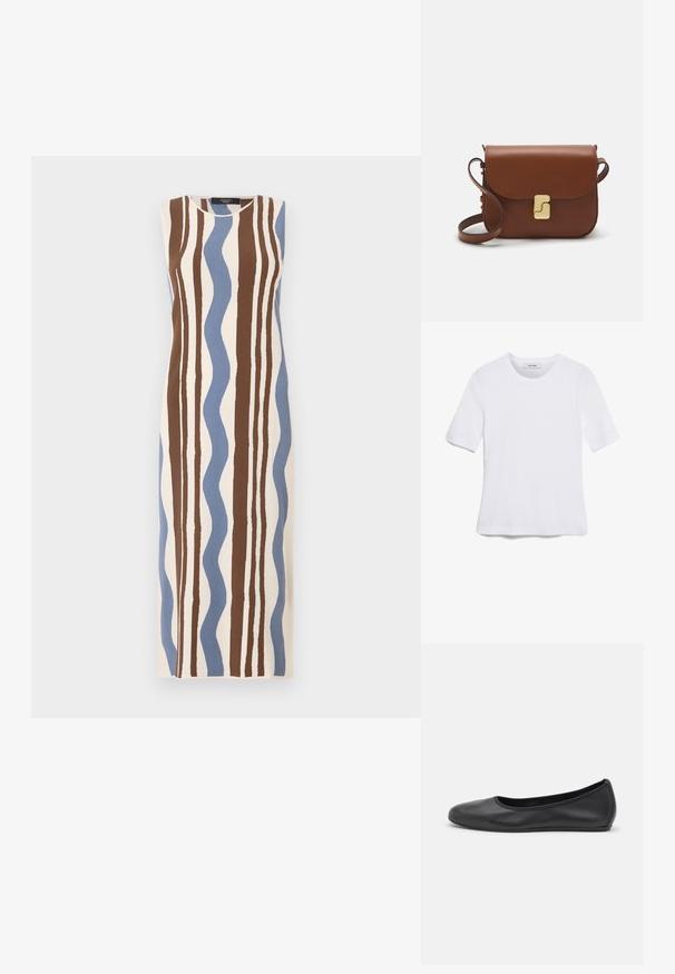 Vestito senza maniche con una base crema e strisce ondulate marroni e blu. Realizzato in un tessuto testurizzato, ha un design a taglio dritto.; T-shirt bianca a maniche corte realizzata in tessuto a costine. Collo rotondo, vestibilità regolare e dettagli di cucitura sottili. Senza motivi o grafiche.; Pantofole da balletto nere in pelle con punta arrotondata, texture liscia, dettagli di cucitura minimi e design con suola flessibile.; Borsa a tracolla in pelle marrone con chiusura a pattina, hardware color oro, tracolla e una finitura liscia. Forma rettangolare compatta.