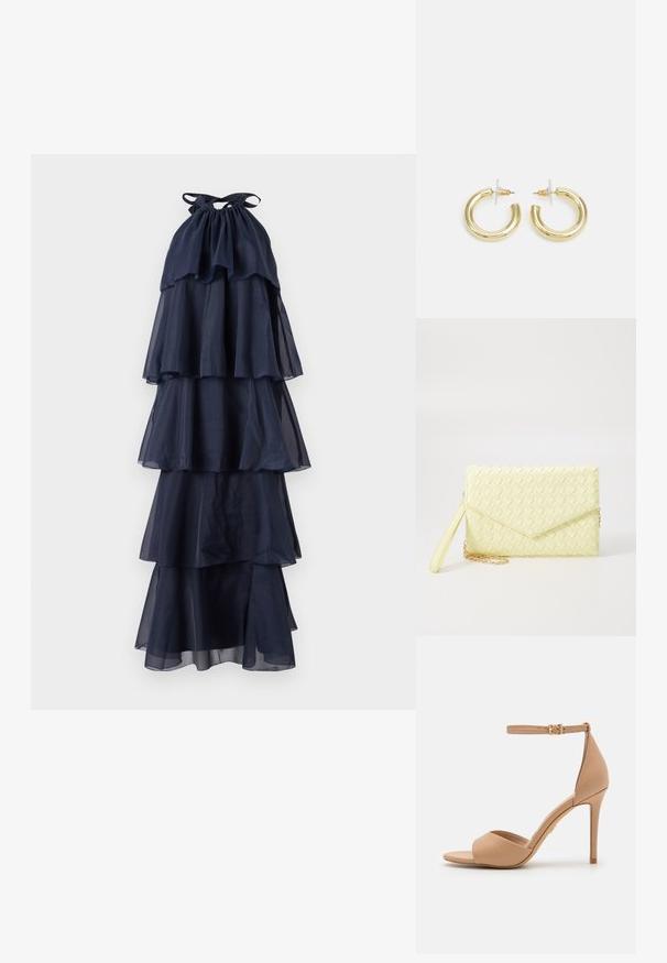 Navy blue layered dress with a halter neckline. Made of sheer fabric, featuring flowing tiers and a gathered bodice. Textured and lightweight.; ALDO CRERIDE PILLOW WALK - Sandals - beige; Yellow woven clutch wallet with a flap design, a detachable wrist strap, and a gold chain accent. Smooth texture and rectangular shape.; Gold hoop earrings with a smooth, shiny finish. Circular design featuring a small post and clear backing for secure wear.