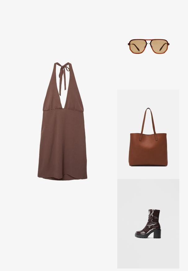 Braunes Trägerkleid im Halter-Stil mit tiefem V-Ausschnitt, aus leichtem Stoff gefertigt. Verfügt über bindbare Träger im Rücken und eine fließende Silhouette.; Glatte bordeauxrote Ankle Boots mit einem klobigen schwarzen Absatz, die eine glatte Oberfläche und ein einfaches Design aufweisen. Keine sichtbaren Verschlüsse oder Muster.; Braune achteckige Sonnenbrille mit einem transparenten, bernsteinfarbenen Rahmen und braun getönten Gläsern. Verfügt über eine Metallverzierung am Steg und schlanke Bügel.; Braune Leder-Tote mit glatter Textur, offenem Oberteil und zwei Schulterriemen. Verfügt über minimale Nähte und keine sichtbaren Beschläge.