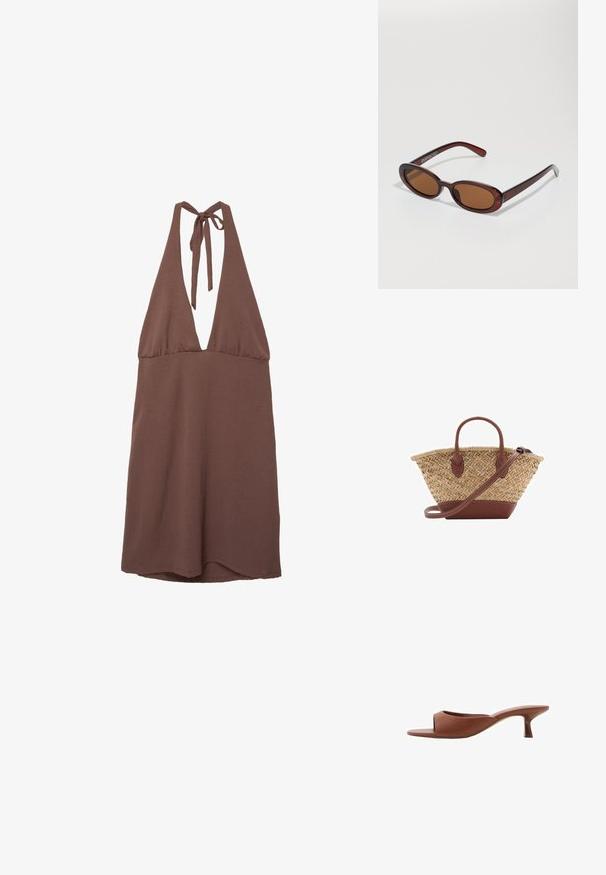 Hnědý šaty na ramínka s hlubokým výstřihem do V, vyrobené z lehkého materiálu. Mají zavazovací ramínka na zádech a splývavý střih.; Hnědé sandály na podpatku s otevřenou špičkou a hladkým, matným povrchem, které mají zakřivený design a průhledný, zúžený podpatek.; Kulaté sluneční brýle hnědé barvy s lesklým burgundským rámem. Úzké nožičky s jemným logem. Rovné čočky.; Tkaný slaměný košík s hnědými koženými akcenty, dvěma uchy a odnímatelným popruhem. Zakřivený tvar se silným dnem.