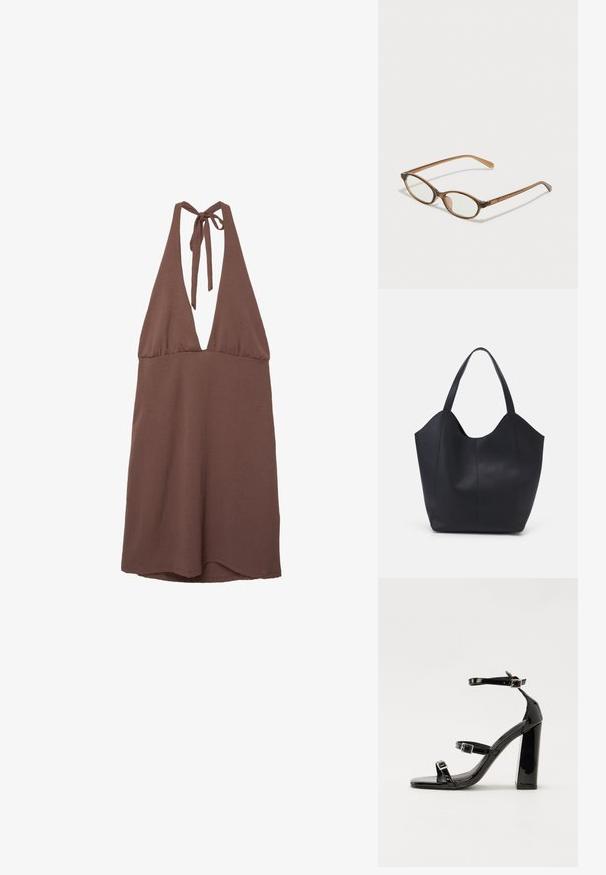 Rochie marron, stil halter, cu decolteu adânc în V, realizată dintr-un material ușor. Prezintă bretele legate la spate și o siluetă fluidă.; Sandale cu toc din patent negru, cu vârf pătrat, curele la gleznă și catarame din argint. Dispune de un toc gros pentru stabilitate.; Ochelari în nuanță de țestoasă maro, cu lentile ovale, brațe subțiri și accente transparente. Prezintă un logo subtil pe tâmplă. Design elegant și ușor.; Geantă de umăr neagră, realizată din piele netedă, cu un design minimalist, având un vârf deschis curbat și două mânere pentru umăr.