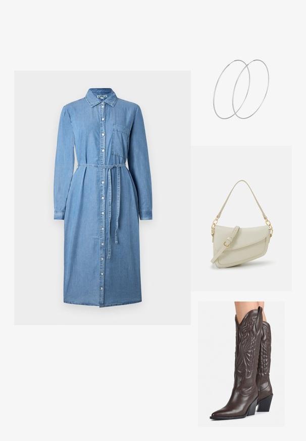 Abito camicia in denim blu chiaro, con maniche lunghe, chiusura con bottoni, colletto e cintura in vita. Include un dettaglio tasca sul petto.; Stivali da cowboy in pelle marrone con punta affusolata e tacco a blocco, caratterizzati da dettagliati ricami e accenti rialzati sul gambale.; Piccola borsa a tracolla crema con finitura testurizzata, una lunga tracolla regolabile, un accento a catena e chiusura a patta. Dettagli in hardware dorato.; Orecchini a cerchio in argento con un design minimalista. Forma circolare, superficie liscia e profilo sottile. Leggeri con una finitura lucida.