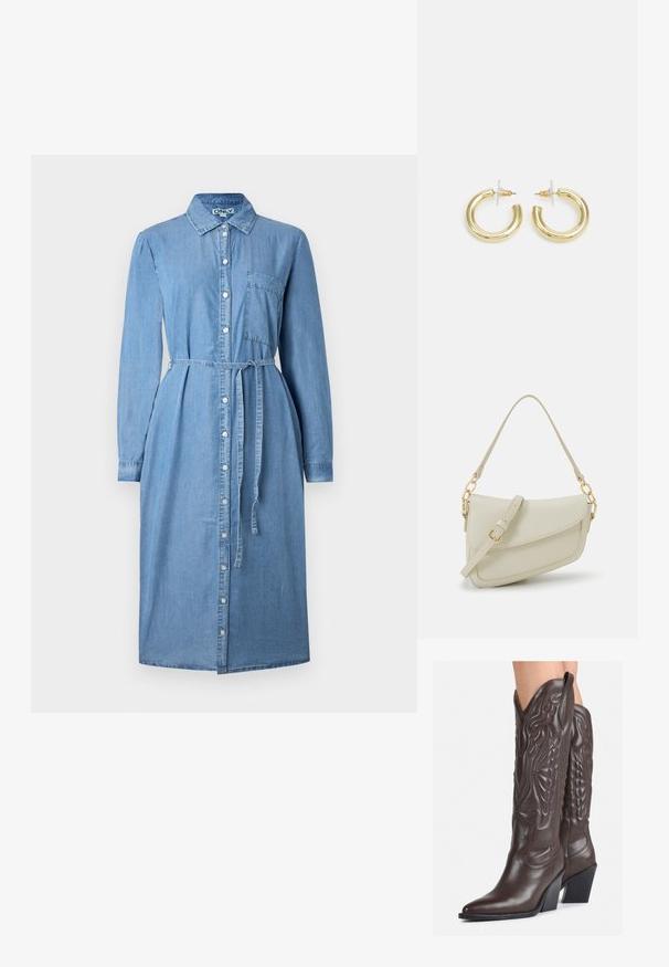 Gaiši zila džinsu kleita ar garām piedurknēm, pogām priekšā, apkakli un jostas saišu. Iekļauta krūšu kabata.; Brūni ādas kovboju zābaki ar norādītu purngalu un blokveida papēdi, ar detalizētu šūšanu un paceltiem akcentiem uz kājas daļas.; Maza krēmkrāsas rokas soma ar teksturētu apdari, garu regulējamu siksniņu, ķēdes akcentu un vāciņa aizdari. Zelta aparatūras detaļas.; Zelta auskari ar gludu, spīdīgu apdari. Apaļš dizains, kas ietver mazu tapu un caurspīdīgu pamatni drošai valkāšanai.