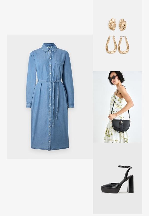 Rochie din denim de culoare albastră deschisă, cu mâneci lungi, front butonat, guler și cordon la talie. Include un detaliu cu buzunar la piept.; Pantofi cu toc platformă negri, cu vârful ascuțit și curea reglabilă la gleznă. Confecționați din piele netedă, având un toc gros.; Geantă din piele neagră, cu o formă curbată, curea detașabilă și accesorii aurii. Geanta are un capac cu un detaliu tip cataramă.; Cercei aurii cu forme texturate și ondulate. Include studs sculpturale cu clip și un design de cerc deschis cu un finisaj cioplit.