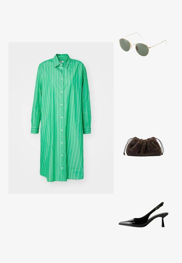 Mads Nørgaard YARPO CRISSY DRESS - Blusenkleid - bright green; Schwarze Lackleder Slingback-Pumps mit spitzem Zeh, ausgeschnittenen Seiten, verstellbarem Knöchelriemen und einem dünnen, eleganten Absatz.; Sonnenbrille mit goldfarbenem Metallrahmen und grünen Gläsern, runder Form, dünnen Bügeln und weißen Kunststoffakzenten an den Enden der Bügel.; Braune Handtasche aus Kunstpelz mit gerafftem Design und Kordelzugverschluss. Weiche Textur, abgerundete Form und minimalistischer Stil.; Goldene Creolen mit strukturiertem Finish, die entlang der Kante mit einer Reihe kleiner klarer Kristalle verziert sind und einen Steckverschluss haben.