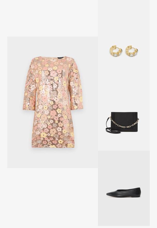 Vestido de lantejoulas com um padrão floral em tons de rosa, amarelo e dourado. Apresenta mangas de três quartos e um decote arredondado. Superfície texturizada.; Bailarina de couro preto, bico fino, design minimalista, textura suave, salto baixo, sem hardware ou embelezamentos visíveis.; Bolsa crossbody de couro preto com uma textura suave, forma retangular e um detalhe em corrente metálica na frente. Inclui uma alça ajustável.; Brincos de argola dourados com um design texturizado e três cristais transparentes em um lado, oferecendo uma estética geométrica moderna.