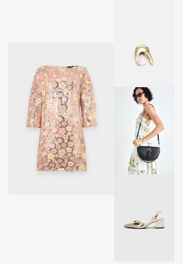 Lesklé šaty s květinovým vzorem v růžových, žlutých a zlatých odstínech. Mají tříčtvrteční rukávy a kulatý výstřih. Texturovaný povrch.; Kovové zlaté pantofle na podpatku s špičatou špičkou a masivním podpatkem. Hladký povrch, minimalisticý design a úzký pásek.; Černá kožená kabelka s křivkovým tvarem, odnímatelným popruhem a zlatými detaily. Kabelka má klopu s přezkou.; Náušnice ve zlatém tónu z kovu s elegantním zakřiveným designem. Vyznačují se jedinečným špičatým tvarem, lesklým povrchem a závěsem na kloub.