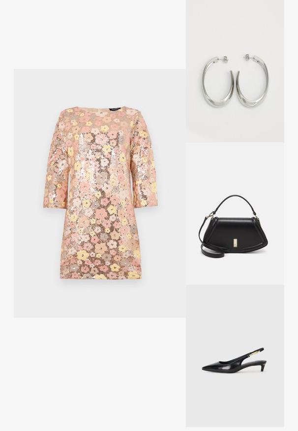 Sequin dress with a floral pattern in pink, yellow, and gold hues. Features three-quarter sleeves and a rounded neckline. Textured surface.; Black leather slingback heels with a pointed toe, featuring a slim heel and a gold-tone accent on the adjustable strap. Smooth texture.; Black leather handbag with a structured design, featuring a cropped shape, top handle, and gold hardware accent. Adjustable shoulder strap included.; Silver hoop earrings with a smooth, curved design. Features a shiny metallic finish and stud closure. No visible patterns or accents.