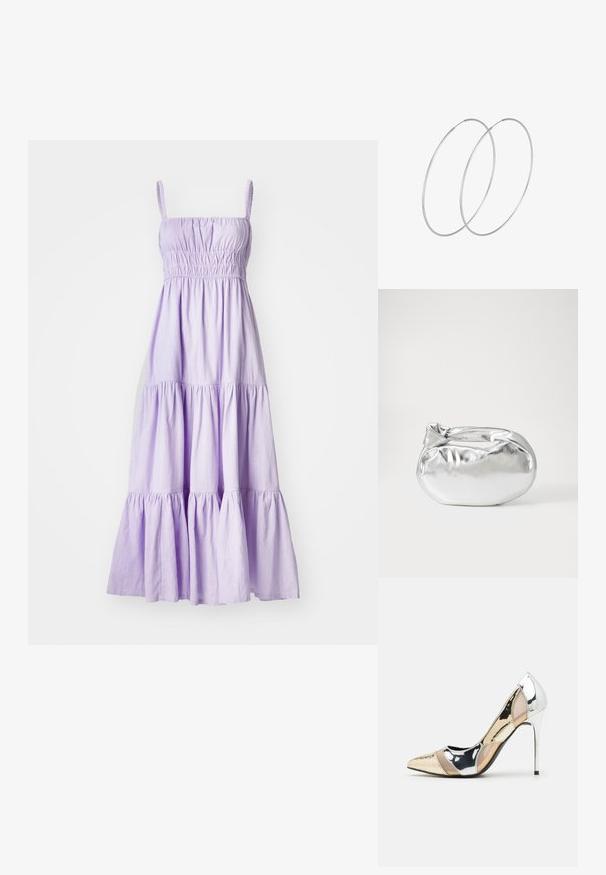 Levanduľové bavlnené letné šaty so spaghetti ramienkami, nariaseným živôtikom a vrstveným riaseným spodkom. Ľahký materiál, neformálny dizajn.; Lodičky s špičatou špičkou v striebornom, zlatom a telovom farebnom prevedení. Lesklý povrch s výrezovým dizajnom, s ihlovým opätkom.; Strieborná metalická taška s mäkkým, zaobleným tvarom a uzáverom s uzlíkom. Vyrobená z hladkej syntetickej kože.; Strieborné kruhové náušnice s minimalistickým dizajnom. Cirkulárny tvar, hladký povrch a tenký profil. Ľahké s lesklým povrchom.