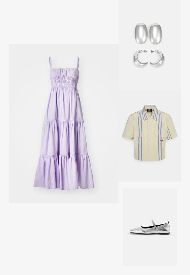 Levanduľové bavlnené letné šaty so spaghetti ramienkami, nariaseným živôtikom a vrstveným riaseným spodkom. Ľahký materiál, neformálny dizajn.; Zastrihnutá košeľa s krátkym rukávom v svetložltej farbe s vertikálnymi zelenými a pastelovými pruhmi. Obsahuje dve náprsné vrecká a nášivku s logom na ľavom vrecku.; Strieborné metalické baleríny s špicatou špičkou, remienkom okolo členka s nastaviteľnou prackou, textúrovaným povrchom a minimálnou čiernou podrážkou.; Súprava strieborných náušníc: dva oválne pecky a dva polkruhové kruhy, s lesklým, hladkým povrchom a zaobleným tvarom.