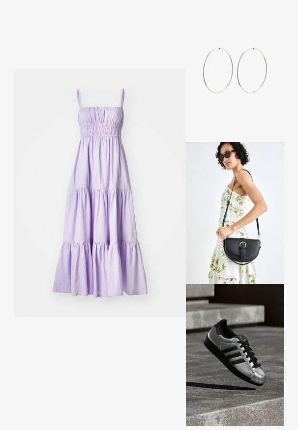 Levandų spalvos medvilninė vasaros suknelė su špagetėmis, susikaupusiu korpusu ir daugiasluoksne pūsta apačia. Lengvas audinys, kasdieniškas dizainas.; Sidabrinis sportinis batelis su juoda gumine pado dalimi, juodais batraiščiais ir trimis juodomis juostelėmis. Turi metalinį blizgesį ir klasikinio shell toe dizainą.; Juodas odinis krepšys su išlenkta forma, nuimamu dirželiu ir auksiniais detalėmis. Krepšys turi kilpą su sagtimi.; Sidabriniai auskarai-žiedai su lygiu, apvaliu dizainu ir blizgiu paviršiumi. Jie yra ploni ir lengvi, turintys paprastą užsegimą.