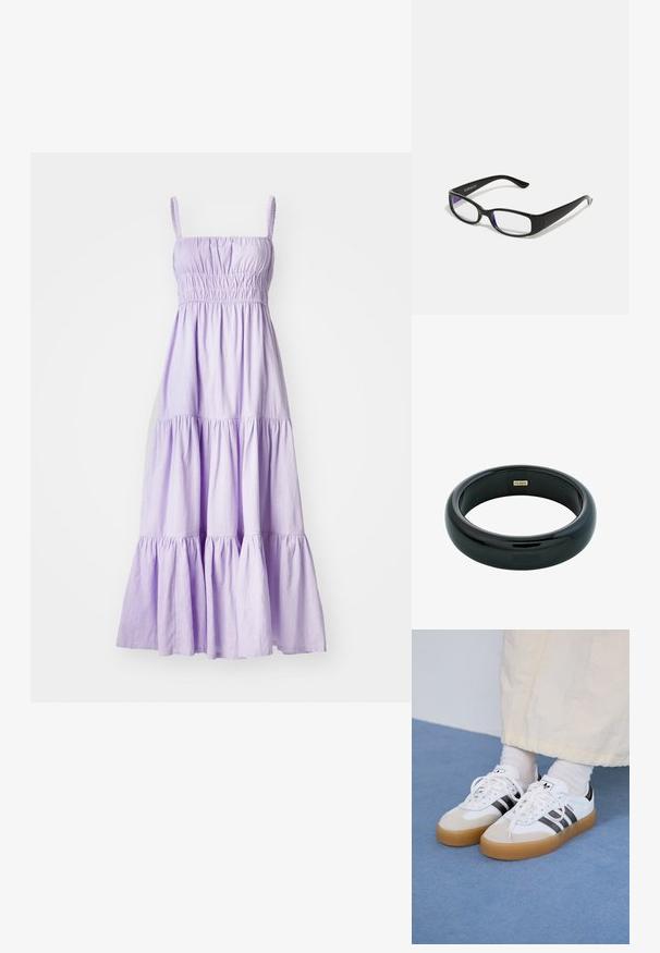 Levandų spalvos medvilninė vasaros suknelė su špagetėmis, susikaupusiu korpusu ir daugiasluoksne pūsta apačia. Lengvas audinys, kasdieniškas dizainas.; Baltos sportbačiai su noir juostomis ir šviesiai rudos zomšos akcentais. Yra tekstūruota gumos padas ir plokščiomis baltomis raištelėmis, dėvimi su šviesiai spalvotomis kojinėmis.; Juodi stačiakampiai akinių rėmeliai su skaidriais lęšiais. Blizgus paviršius, siauri šonai ir purpurinis atspalvis, matomas lęšių pakraščiuose.; Juodos dervos apyrankė su lygiu, blizgančiu paviršiumi ir apvaliais kraštais. Viduje yra mažas auksinis "Pilgrim" logotipas.