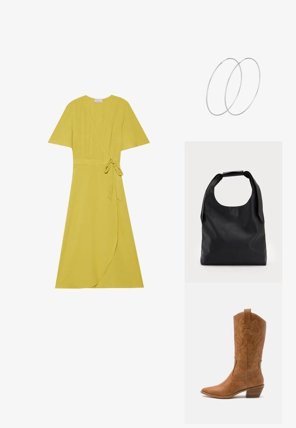 Gelbes Wickelkleid mit kurzen Ärmeln, Bindegürtel in der Taille und fließendem Saum. Hergestellt aus einem weichen, strukturierten Stoff.; Braune Leder-Cowboy-Stiefel mit spitzem Zehenbereich, bestickten Wirbelmustern am Schaft und einem gestapelten Blockabsatz. Verfügt über einen Ziehriemen für das einfache Anziehen.; Schwarze Leder-Hobo-Tasche mit einem einzelnen, weichen, abgerundeten Griff; verfügt über eine glatte Textur und ein minimalistisches Design. Keine sichtbaren Beschläge oder Akzente.; Silberne Creolen mit minimalistischem Design. Rundform, glatte Oberfläche und dünnes Profil. Leichtgewichtig mit hochglänzender Oberfläche.