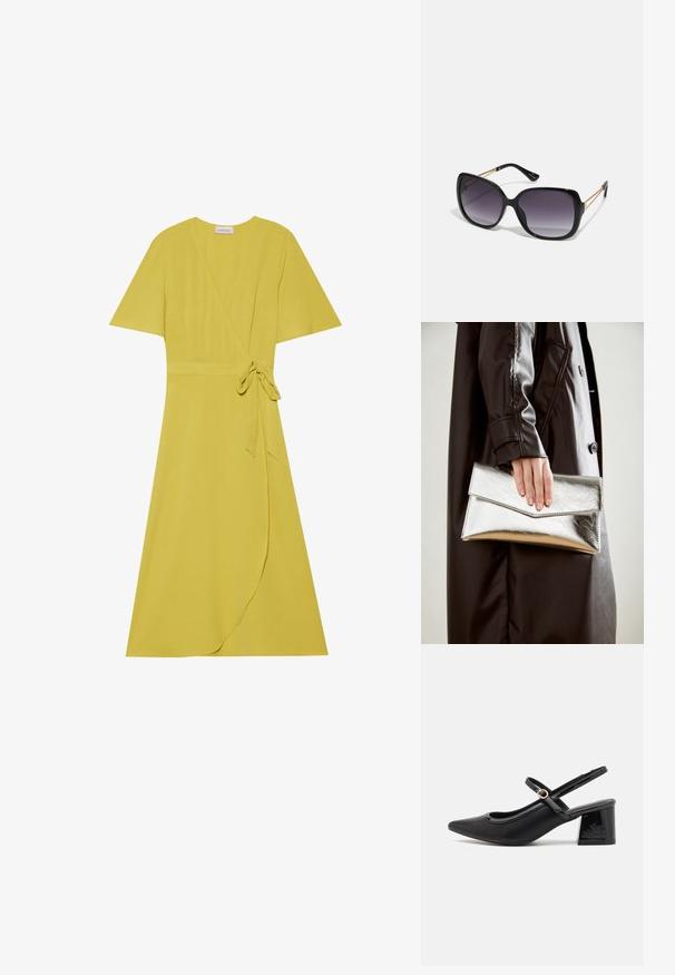 Yellow wrap dress with short sleeves, tie belt at the waist, and flowy hemline. Made from a soft, textured fabric.; Black patent leather slingback heels with a pointed toe, a rounded cutout design, and a block heel. Features a gold-tone buckle accent.; Black oversized sunglasses with gradient lenses, thick frames, and gold-tone chain detailing on the temple arms.; Silver metallic clutch with an angular envelope design, smooth texture, and contrasting interior color, held in a hand wearing a black coat.
