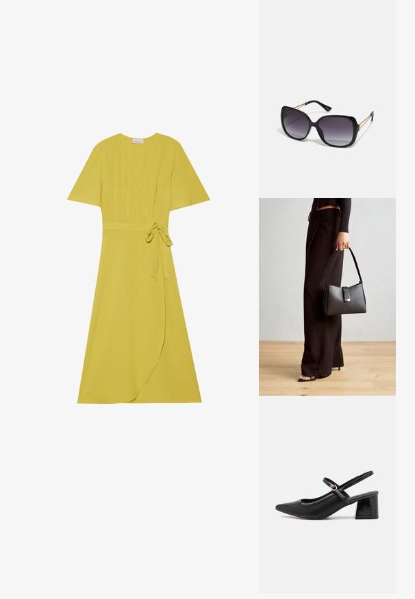 Žlté obliekané šaty s krátkymi rukávmi, opasok na viazanie v páse a splývavý lem. Vyrobené z jemnej, textúrovanej tkaniny.; Čierne lakované kožené lodičky so slingback dizajnom, špicatou špičkou, zaobleným výrezom a blokovým podpätkom. Obsahuje akcent zlatého tónu s prackou.; Čierne oversized slnečné okuliare s gradientovými sklíčkami, hrubými rámami a zlatým retiazkovým detailom na stranách.; Čierna kabelka so štruktúrovaným tvarom, hladkou textúrou a kovovou sponou. V kombinácii so širokými čiernymi nohavicami a sandálmi s otvorenou špičkou na drevenej podlahe.