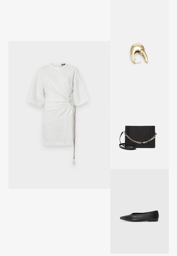 White linen shirt with short sleeves, featuring gathered sides and a drawstring detail at the hem for adjustable fit.; Black leather ballet flat, pointed toe, minimalistic design, smooth texture, low-profile heel, no visible hardware or embellishments.; Black leather crossbody bag featuring a smooth texture, rectangular shape, and a metallic chain detail on the front. Adjustable strap included.; Gold-tone metal earring with a sleek, curved design. Features a distinctive pointed shape, polished surface, and hinge closure.
