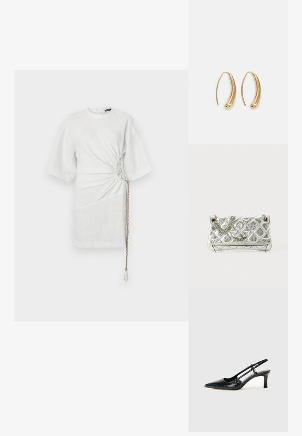 Fehér vászon ing rövid ujjakkal, gyűrt oldalakkal és állítható derékkal ellátott húzózsinórral az ideális illeszkedés érdekében.; Fekete lakk slingback sarok, hegyes orral, texturált kígyómintával, állítható pánttal és rövid, texturált tömbsarkal.; Ezüst színű fémes kézitáska lánckarral, steppelt textúrával, díszített varrással és cipzáros záródással. A fonákján domború részletek találhatók.; Aranyszínű fémből készült karika fülbevalók ívelt, hosszúkás formával. Simaságával és fényes felületével, valamint lekerekített végével további részletekkel bővül.