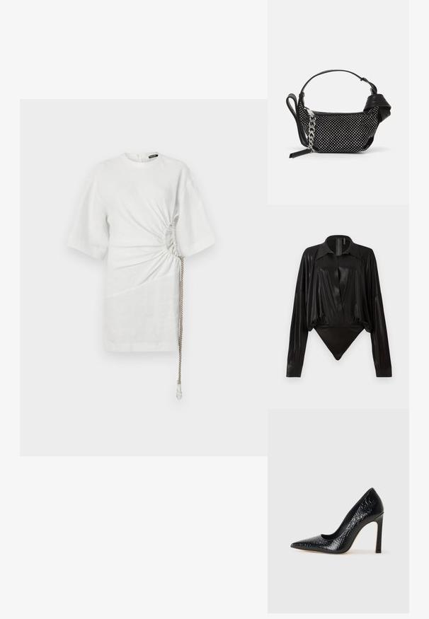 Witte linnen blouse met korte mouwen, voorzien van ingezette zijkanten en een trekkoord detail aan de onderkant voor een aanpasbare pasvorm.; Zwarte body met lange mouwen, V-hals en een aansluitende silhouet. Gemaakt van glanzende, gladde stof met een gestructureerde kraag en manchetten.; Zwarte puntige hoge hak schoen met een krokodillenleren textuur, met een slank ontwerp, hoge stiletto-hak, en een gladde zwarte binnenkant.; Zwarte handtas met studded embellishments, een kettingriem en een soepel leren handvat, met een afgeronde vorm en een ritscompartiment.
