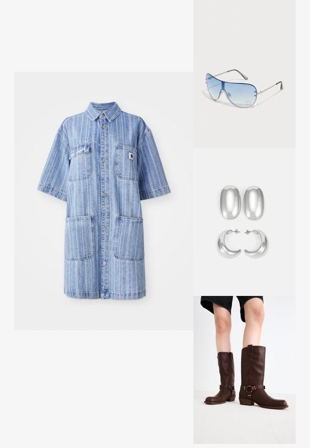 Džínová košeľová šaty v svetlo modrej farbe s vertikálnymi pruhmi, krátkymi rukávmi, dvoma náprsními vreckami a malou nášivkou s logom. Predné zapínanie na gombíky.; Hnedé kožené vysoké čižmy s okrúhlou špičkou, štruktúrovaným povrchom, opaskom okolo členka a detailmi zo strieborného kovu; s vysokým podpätkom.; Pilotné slnečné okuliare s prechodovým modrým sklom, strieborným kovovým rámom a ozdobnými hviezdičkovými akcentmi na sklách. Hladký a elegantný dizajn.; Súprava strieborných náušníc: dva oválne pecky a dva polkruhové kruhy, s lesklým, hladkým povrchom a zaobleným tvarom.