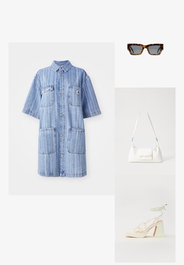 Ljusblå denimskjortklänning med vertikala ränder, korta ärmar, två bröstfickor och en liten logotypetikett. Knappstängning fram.; Vit högklackad sandal med en kraftig klack, med ett remdesign och ankelband. Slät textur med en plattform framtill för ökad höjd.; Sköldpaddsmönstrade solglasögon med kantiga bågar, grå linser och en mjuk yta. Har en djärv geometrisk design och tjocka skalmar.; Vit syntetisk handväska med triangulär form, platt framklaff och rosettdetalj, justerbar rem, slät textur och minimalistisk design.