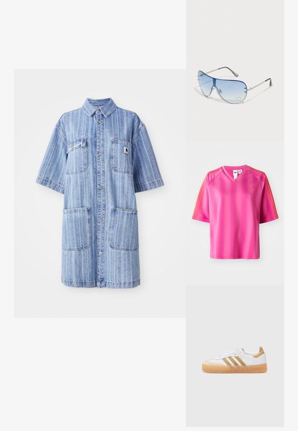 Denim srajčna obleka v svetlo modri barvi z vertikalnimi črtami, kratkimi rokavi, dvema žepoma na prsih in majhnim logotipom. Zapiranje s gumbi spredaj.; Roza kratka športna majica s kratkimi rokavi in V-izrezom, z navpičnimi črtami ter oranžnimi akcentnimi črtami na ramenih. Zlata baterija na prsih.; Bela športna obutev z bež poudarki, ki vsebuje tri črte, zaobljen prst in prozoren gumijast podplat. Gladka usnjena in tekstilna materiala.; Pilotne sončne očala z gradijentnimi modrimi lečami, srebrnim kovinskim okvirjem in okrasnimi zvezdastimi detajli na lečah. Gladek in eleganten dizajn.