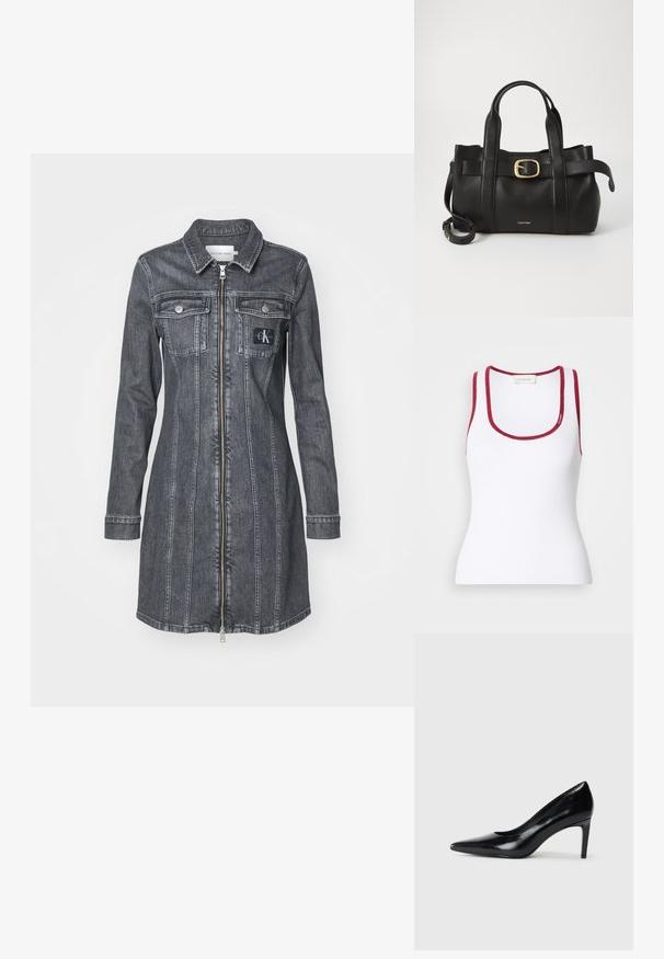 Φόρεμα τζην σε σκούρο γκρι χρώμα, με μακριά μανίκια, μπροστινό φερμουάρ και δύο τσέπες στο στήθος. Περιέχει κέντημα με το λογότυπο CK και κατακόρυφες ραφές.; Λευκή εφαρμοστή αμάνικη μπλούζα από ριγέ ύφασμα, με στρογγυλή λαιμόκοψη και κόκκινες λεπτομέρειες στις άκρες. Περιλαμβάνει το λογότυπο Calvin Klein.; Μαύρο δερμάτινο ψηλοτάκουνο παπούτσι με μυτερή μύτη, λεία υφή και κοφτό τακούνι. Μινιμαλιστικός σχεδιασμός, χωρίς επιπρόσθετες διακοσμήσεις.; Μαύρη δερμάτινη τσάντα με δομημένο σχέδιο, διπλούς επάνω χειρολαβές, χρυσή αγκράφα διακόσμηση και ανάγλυφο λογότυπο μπροστά.