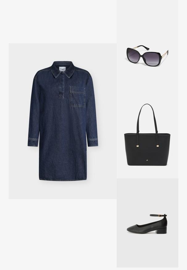 Denimkjole i mørk blå, med krage, lange ermer og brystlomme. Stoffet har en glatt tekstur med synlige sømmer.; Sorte skinnpumper med spiss tå og lav blokkhelt. Har ankelrem med gullfarget spenne. Glatt tekstur.; Sorte oversized solbriller med gradient linser, tykke rammer og detaljering med gulltonekjede på tempelarmene.; Svart totebag laget av syntetisk materiale, med et enkelt rektangulært design, gullfargede firkantede detaljer og doble håndtak.