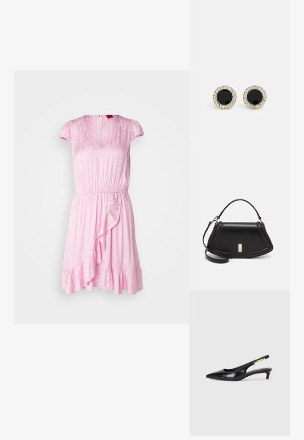 Pink dress with a V-neck, short cap sleeves, elastic waistband, and ruffled hem. Features a subtle textured pattern and back keyhole closure.; Black leather slingback heels with a pointed toe, featuring a slim heel and a gold-tone accent on the adjustable strap. Smooth texture.; Black leather handbag with a structured design, featuring a cropped shape, top handle, and gold hardware accent. Adjustable shoulder strap included.; DKNY INLAY STUD - Earrings - black/gold-coloured