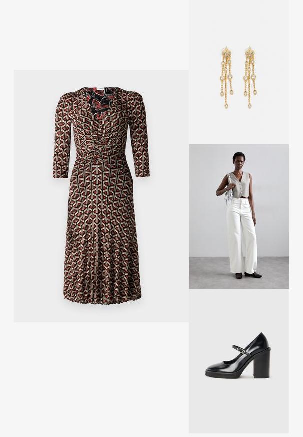 Diane von Furstenberg IVAN DRESS - Dienas kleita - flutterfly/stadium; Melnas lakotas ādas augstpapēžu kurpes ar noapaļotu purngalu, potītes siksnu, sudraba sprādzi un masīlu blokveida papēdi.; Pelēks īss vests ar pogām, apvienots ar baltām platām biksēm un melniem plakanajiem apaviem. Aksesuārs - mazs sudraba frizētājs.; Zelta tonī auskari ar vairākiem kaskādes ķēdēm, kas rotāti ar caurspīdīgiem ovāliem rhinestone akcentiem un dekoratīvām pīrsingiem.