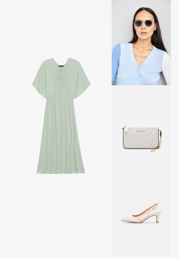 Miętowa sukienka maxi z krótkimi, szerokimi rękawami, dekoltem ze sznurkiem i plisowanym fasonem spódnicy. Miękka tkanina z płynącą sylwetką.; Biała szpilka slingback z ostrym noskiem, gładkim materiałem wierzchnim, niskim obcasem blokowym oraz wycięciami po bokach i regulowanym paskiem z klamrą.; Okrągłe okulary przeciwsłoneczne z ciemnymi soczewkami i złotymi ramkami. Modelka nosi jasnoniebieski kardigan w prążki z guzikami i białymi rękawami w kontrastowym kolorze.; Portfel na nadgarstek marki Michael Kors w beżowej, pokrytej płótnem, z powtarzającym się wzorem logo MK, złotym okuciem i odpinanym łańcuszkowym paskiem.