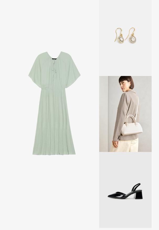 Svaigi zaļa maksi kleita ar īsām, platām piedurknēm, ar saķērējamu dekoltē un plecu svārku dizainu. Mīksta auduma plūstoša silueta.; Melna lakota āda ar atvērto papēdi, ar smailu purngalu un ģeometrisku blokpapēdi. Iezīmējas elegants, minimāls dizains un gluda tekstūra.; Balta strukturēta roku soma ar īsām rokturiem un plecu siksnu, ar zelta aparatūras akcentiem un strukturētu materiālu, izstādīta uz pelēka fona.; Zelta tonī veidotas auskaru piekariņi ar ovālu izgriezumu caurspīdīgām kristālēm, kuras ieskauj mazākas caurspīdīgas akmeņu daļiņas, ar āķveida dizainu drošai valkāšanai.