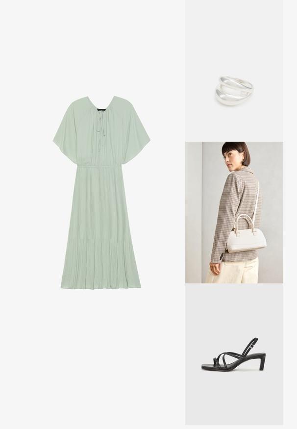 Svetlozeleno maksi obleko s kratkimi, širokimi rokavi, z vrvico pri izrezu in naborjenim krilom. Mehka tkanina z tekočim siluetom.; Črne natikače s trakovi in kvadratnim prstom ter nizkim blokastim peto. Imajo več tankih trakov in nastavljiv trak okoli gležnja. Narejene so iz gladkega usnja.; Bela strukturirana torba z kratkimi ročaji in naramnim trakom, z zlatimi okrasnimi elementi in teksturiranim materialom, prikazana na sivi podlagi.; Srebrn dvojni prstan z gladko, polirano površino. Ima tekoč, ukrivljen dizajn z prekrivajočimi se sekcijami za sodoben videz.