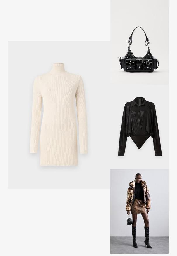 Tejbevarrt, hosszú ujjú, betoldás nélküli, testhezálló, bordázott anyagból készült tej színű garbós ruha. Simaságot és textúrált megjelenést kölcsönöz.; Fekete egyrészes ruházat hosszú ujjakkal, V-kivágással és testhez simuló fazonnal. Fényes, sima anyagból készült, strukturált gallérral és mandzsettákkal.; Barna és fekete mintás puffjú dzseki, barna kígyóbőr mintás mini szoknyával, fekete térdig érő csizmával és egy kicsi fekete táskával párosítva.; Fekete bőr kézitáska ívelt designnal, ezüst szegecsekkel, csattal és két oldalsó zsebbel. Állítható vállpánt a hordozási lehetőségekhez.
